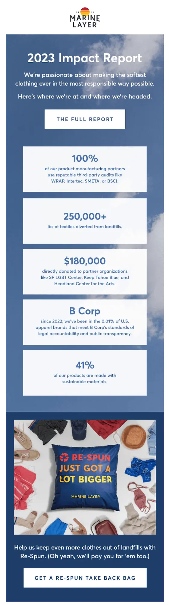 Image shows an email campaign from apparel brand Marine Layer, featuring their “2023 impact report” in which they break down several stats from their sustainability and humanitarian efforts, a CTA button readers can click to read the full report, and a small section on the brand’s Re-Spun program, which aims to keep more clothes out of landfills.