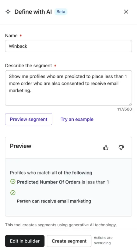 Image shows a product shot from Klaviyo, detailing how to use AI to define a segment.