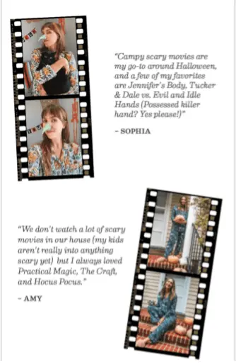 Image shows part of a Halloween marketing email from luxury pajama brand Printfresh, featuring photos of team members wearing their pajamas with movie reel-styled frames, plus quotes from each featured team member about their favorite scary movies.