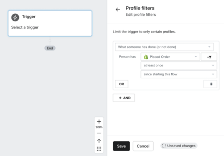 Image shows a product shot from Klaviyo showing how to add a profile filter to the segment you just built.
