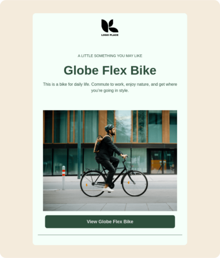 A Klaviyo email template announcing new product launch for a bike and a 'view global flex bike' button