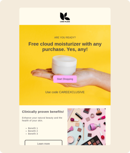 A Klaviyo email template promoting a deal on moisturizers; top half features deal with a 'start shopping' button, bottom half promotes product benefits with 'learn more' button