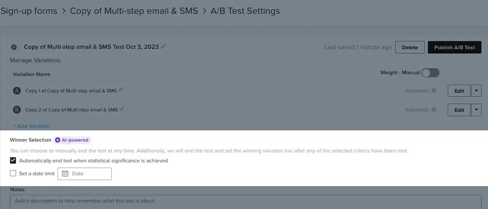 Image shows a form A/B testing dashboard in Klaviyo, where the user can select AI-powered winner selection to “automatically end test when statistical significance is achieved.”