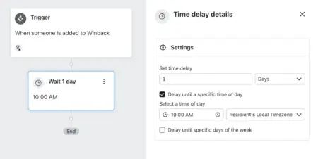 Image shows a product shot from Klaviyo detailing how to set up a time delay specific to your recipients' timezone.