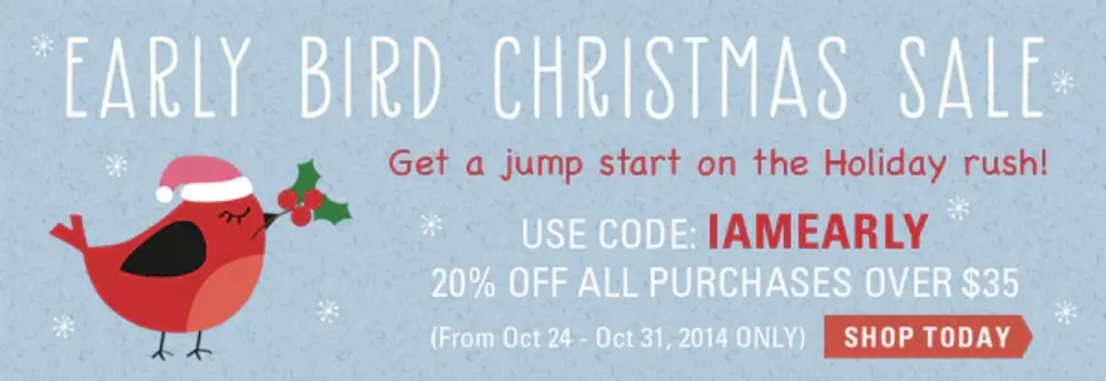 Image shows a screenshot from The Imagination Spot blog, offering a discount code for their early bird Christmas sale. The copy reads, “get a jump start on the holiday rush! From Oct. 24 - Oct. 31 ONLY,” with an arrow-shaped CTA button that reads, “shop today.”