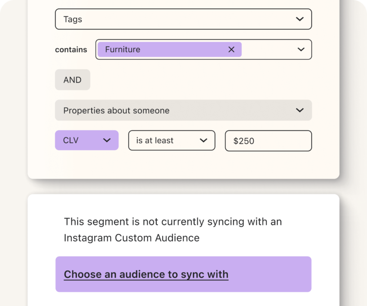 Example of what a segment's properties will look like in Klaviyo with ability to sync audiences