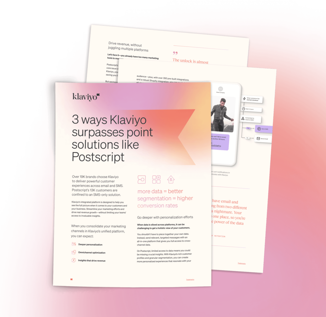 Several pages of a comparison guide called “3 ways Klaviyo surpasses point solutions like Postscript