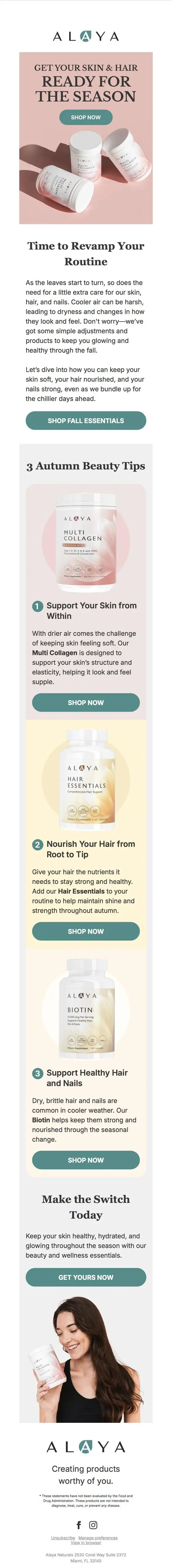 Image shows a long email screenshot featuring a variety of hair and skin products that are bundled in various ways to address dry skin. Product shots of skincare and haircare items are interspersed with “Shop Now” calls to action, set against a pastel pink and yellow background.