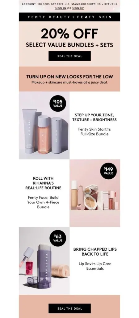 Promotional image for Fenty Beauty that highlights a 20% discount on select product bundles. Featured are threeskincare options: Full-Size ($105), Build Your Own 4-Piece ($149), and Lip Care Essentials ($63).