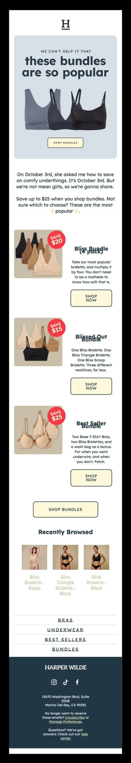 Image shows a long email screenshot featuring bras and bralettes of various colors, mostly beige and black. Across three product shots are red sticker graphics indicated savings of different amounts, from $15 to $20.