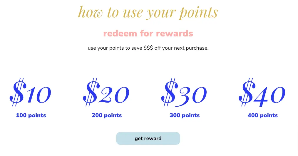 Image shows a graphic that describes the LIVELY VIP program: $10 for 100 points, $20 for 200 points, $30 for 300 points, $40 for 400 points. There’s a "get reward" call to action button underneath all the dollar amounts in a row.