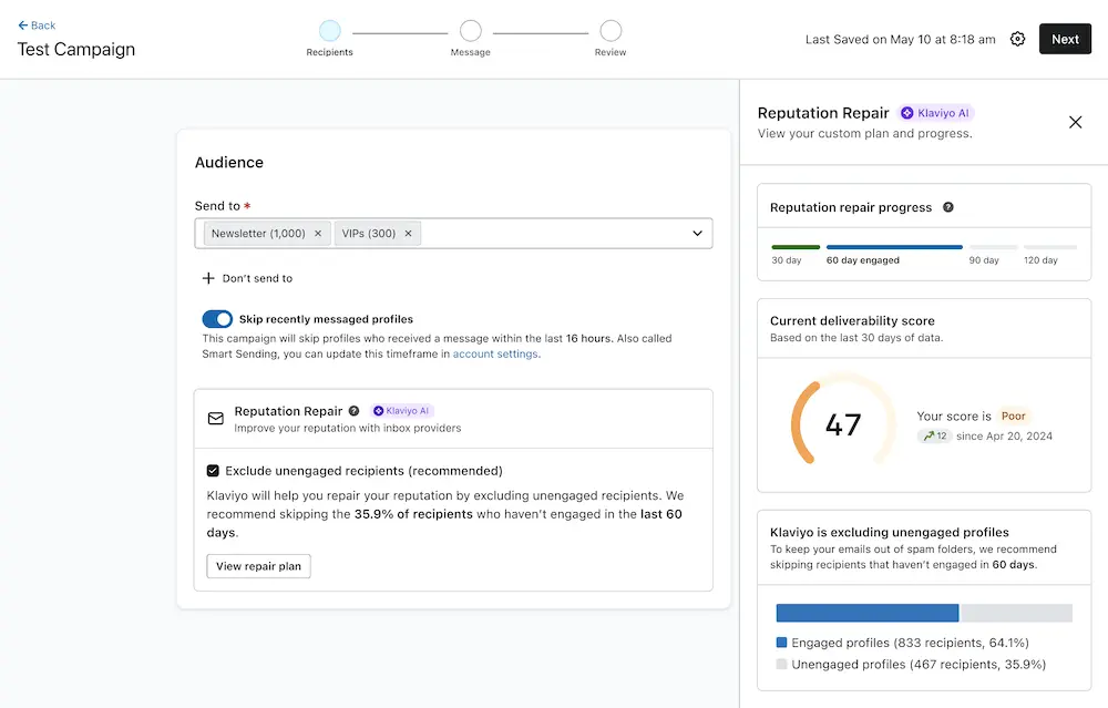 Image shows the reputation repair dashboard in Klaviyo, with the box checked for “exclude unengaged recipients.” The description below reads, “Klaviyo will help you repair your reputation by excluding unengaged recipients. We recommend skipping the 35.9% of recipients who haven’t engaged in the last 60 days.” A progress bar at the bottom shows that the process is 10% complete. On the right are a deliverability score and percentage of unengaged profiles