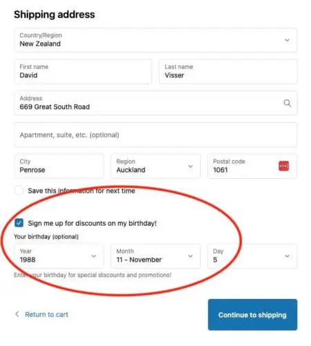 Image shows what the checkout screen looks like once you’ve set up checkout blocks to collect a shopper’s birthday.