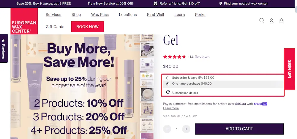 Image shows a screenshot of a product page on the European Wax Center website, which lists the product’s rating out of 5 stars and 114 reviews, the option to either subscribe and save or make a one-time purchase, and an image that advertises a bundle deal: 10% off 2 products, 20% off 3 products, and 25% off 4+ products.