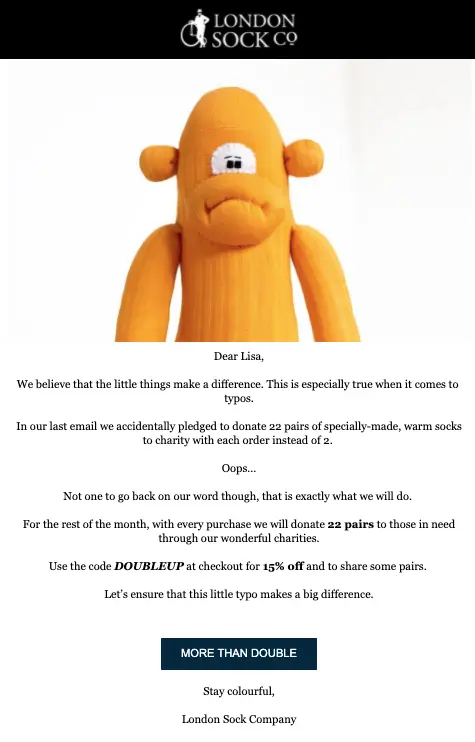 Image shows an apology email from London Sock Co., acknowledging a typo in a previous email and pledging to fulfill their charity promise anyway.