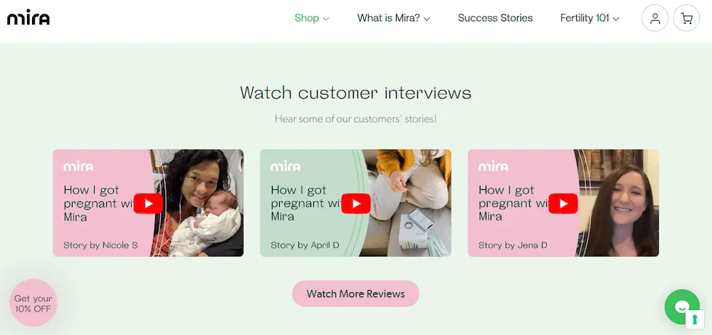 Image shows a screenshot from the Mira website, titled, “Watch customer interviews: hear some of our customers’ stories!” The page features 3 video stills with play buttons in the center, all titled “how I got pregnant with Mira” but featuring different photos of customers and their names. The CTA button at the bottom of the page reads, “watch more reviews.”