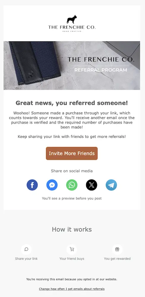 Image shows a follow-up email from The Frenchie Co. thanking a recent referrer for their referral. The copy reads, “Great news, you referred someone! Woohoo! Someone made a purchase through your link, which counts towards your reward. You’ll receive another email once the purchase is verified and the required number of purchases have been made!” The CTA button at the bottom reads, “invite more friends.”