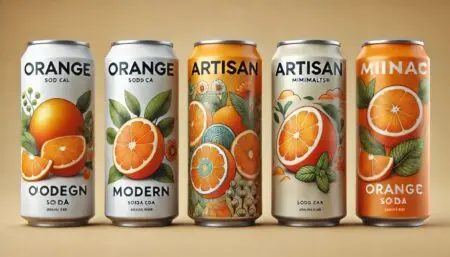 AI-generated image of 5 cans of orange-flavored soda, each featuring unique and colorful designs, arranged together for display.