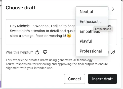 Image shows a screenshot from the Klaviyo dashboard, in the menu where a user is selecting an AI-generated review reply. The window is called “Choose draft,” and the user has the option to select between 5 possible tones: neutral, enthusiastic, empathetic, playful, and professional.