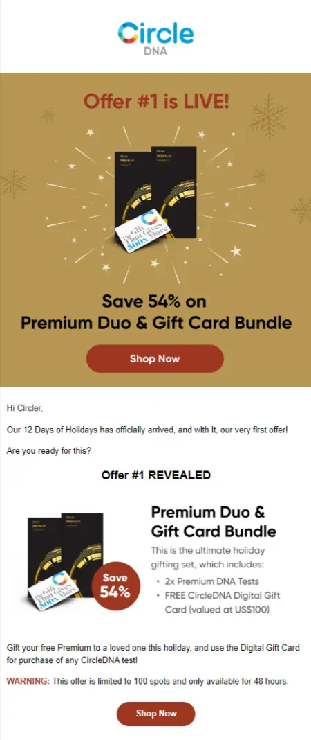 Image shows an email with a tan header with a graphic representation of two CircleDNA test kits plus a gift card as an added bonus. Underneath is a wine red call-to-action button that says, “Shop Now”.