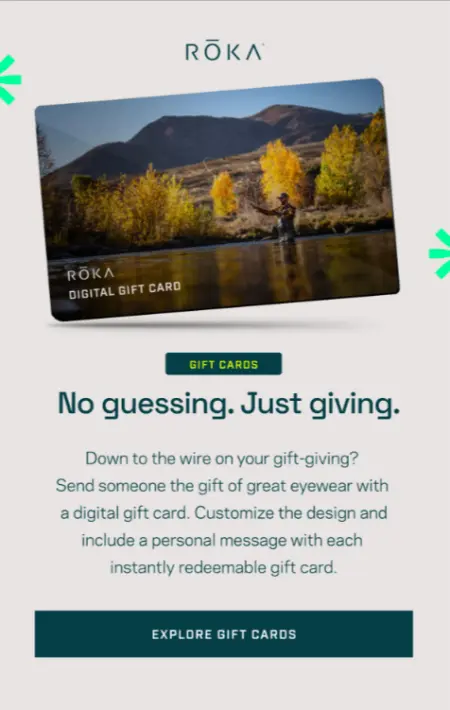 Image features a gift card with a beautiful fall landscape design. Underneath the image it says, “No guessing. Just giving.” The CTA button says, “Explore Gift Cards”.