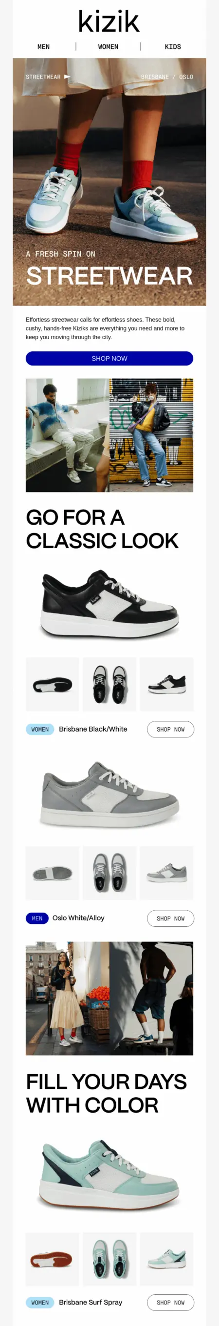 Image of an email promoting comfortable walking shoes in various colors, with the option to purchase black, gray, light blue, and dark blue versions.