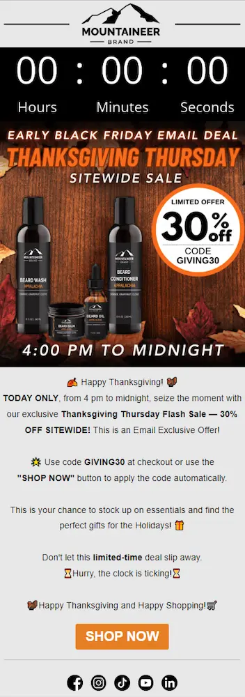 Image shows a Thanksgiving email from the Mountaineer Brand, which features a countdown clock to the brand’s Thanksgiving Thursday sitewide sale, a 30% off code, and a “shop now” CTA button. The email also reminds customers the sale only lasts til midnight.