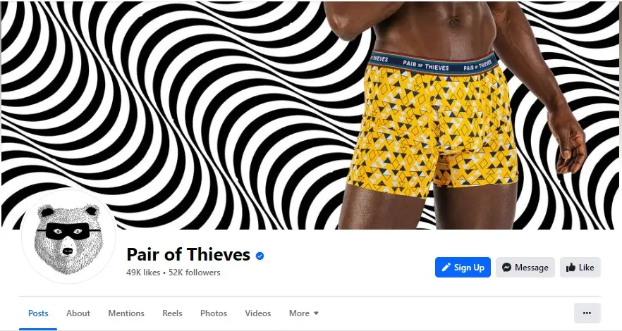 Image features a person from the waist down wearing yellow-patterned boxer briefs. Underneath is a header for a Facebook Business page with call-to-action buttons for people to sign up, message the brand, and like their page.