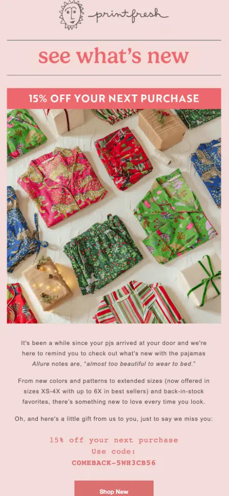 Image shows a pink email with a hero image of folded pajamas of various patterns and colors. Above the image is text that offers 15% off a next purchase, with a “Shop Now” call-to-action button in pink underneath the image and some explanatory text.