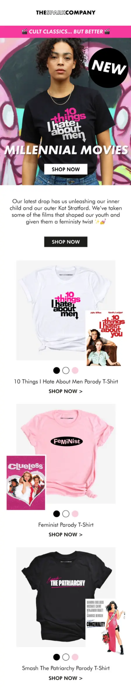 A 5-panel email that features a header with someone wearing a black t-shirt with the slogan, “10 Things I Hate about Men” followed by product shots of white, black, and pink t-shirts available for purchase from a black “Shop Now” call-to-action button.