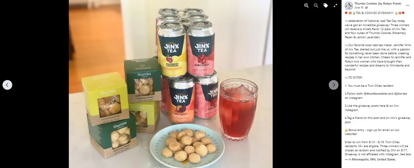 Image features a several cans of iced teas of different flavors beside 4 boxes of cookies and a plate of cookies, with text beside the image that explains how to enter the contest.