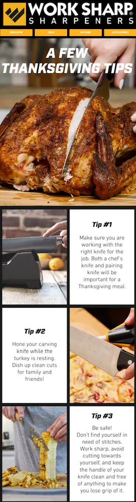 Image shows a Thanksgiving email from knife sharpening brand Work Sharp, which shows a photo of someone cutting into a turkey under the headline, “a few Thanksgiving tips.” The email goes on to offer 3 tips for carving meat over the holiday, each with a corresponding photo.