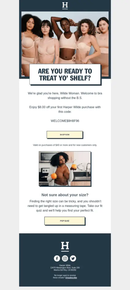 Image features a group of people of various sizes and skin tones wearing beige bras and underwear. Underneath a header reads, “Are you ready to treat yo’ shelf?” with two CTAs—one that says, “Shop now” and another that says, “Pop quiz.”