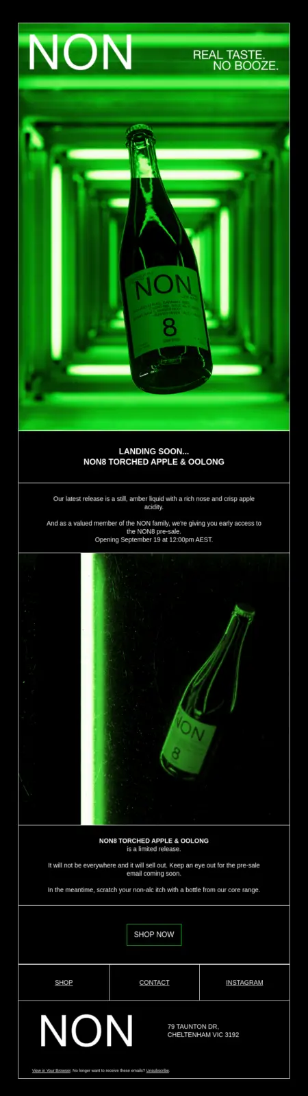 Image shows a sleek email design with a bottle floating in space against a neon green background. Underneath the same bottle floats beside a neon green light against a black background.