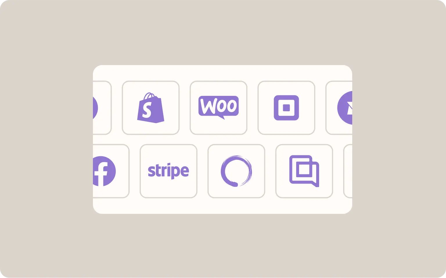 Logos of Shopify, WooCommerce, Square, Facebook, Stripe, and others