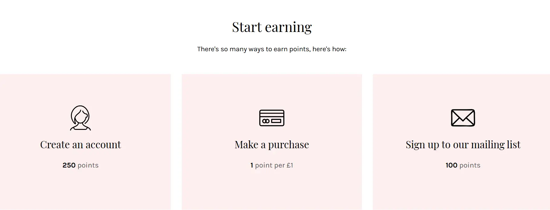 Image shows a screenshot from the Never Fully Dressed website which outlines what shoppers need to do to earn points in their loyalty program. Creating an account on the site earns 250 points, making a purchase earns a point for every euro spent, signing up for the mailing list earns 100 points, and so on.