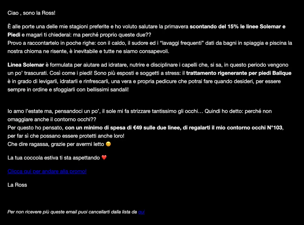 Image shows a simple text-based email with black text over a gray background. The copy is written in Italian, and there’s a text CTA that says, “Clicca qui per andare alla promo!”