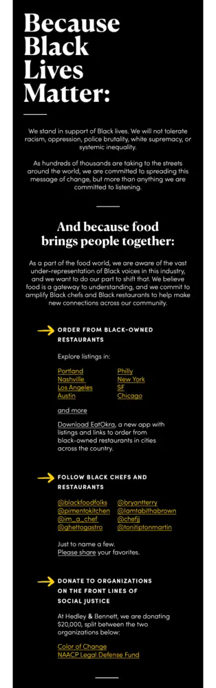 Image shows a text-based email with white text against a black background. Yellow arrows point to Black-owned businesses people can order from, Black chefs to follow on social media, and Black organizations to donate to.