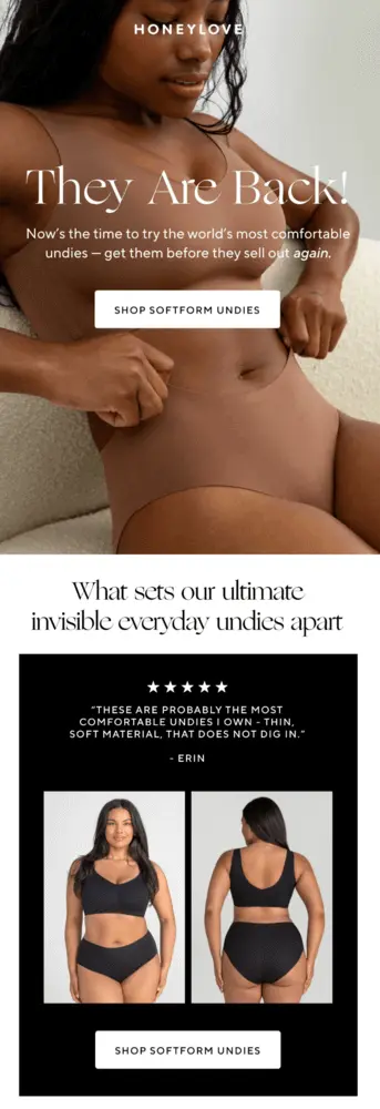 Image shows a dark-skinned person with dark hair pulling on a pair of dark mauve underwear. Underneath a customer quote below are two images side by side of a tanned person, but one image shows their black underwear from the front and the other shows the black underwear from the back.