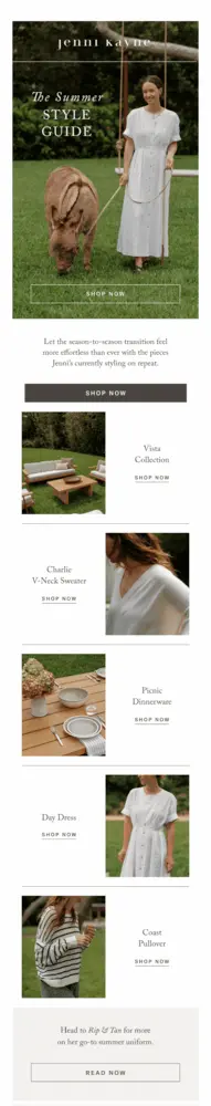 Image shows an email with a hero banner that features a light-skinned person wearing a white dress and holding a light-brown donkey on a leash. Underneath, five panels of minimal design feature sleek product shots of white patio furniture, a white sweater, white dinnerware, a white dress, and a black and white pullover.