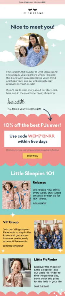 Image shows an email with several panels, starting with an introduction letter accompanied by a photo of a light-skinned person with two light-skinned children. Additional panels present a discount code, new releases, a VIP group, and a quiz. All panels depict photos of children of varying skin tones, wearing patterned pajamas.