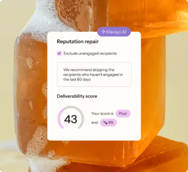 Product snippet showing the Klaviyo AI "reputation repair" with a poor deliverability score of 43 against an image of sudsy soap