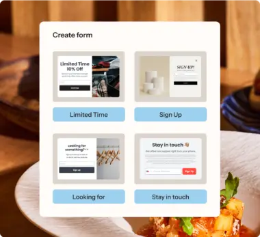 Four form templates under the headline 'Create form.' The templates are labeled: 'Limited Time,' 'Sign Up,' 'Looking for,' and 'Stay in touch.' Each template includes a visual preview and a call-to-action button. Background features a plate of food on a wooden table.
