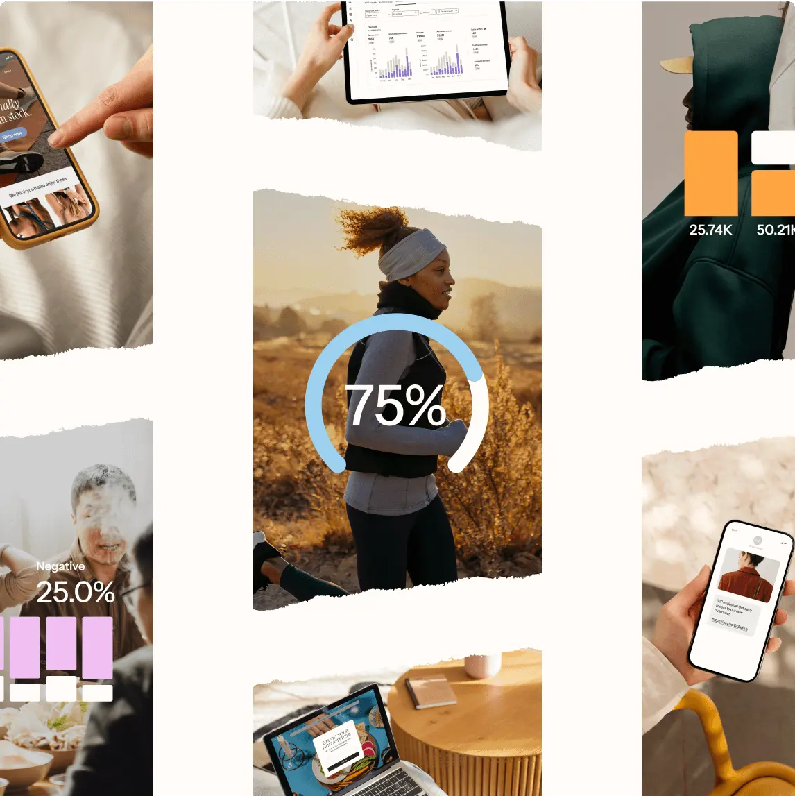 Collage of images: a woman jogging with "75%" overlay, hands holding a tablet with graphs, a person in a hoodie, and various phone screens.
