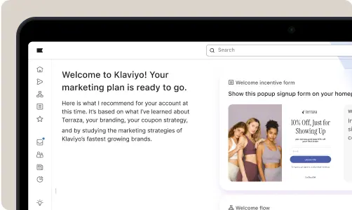 Klaviyo dashboard showing a marketing plan with a popup signup form offering 10% off.