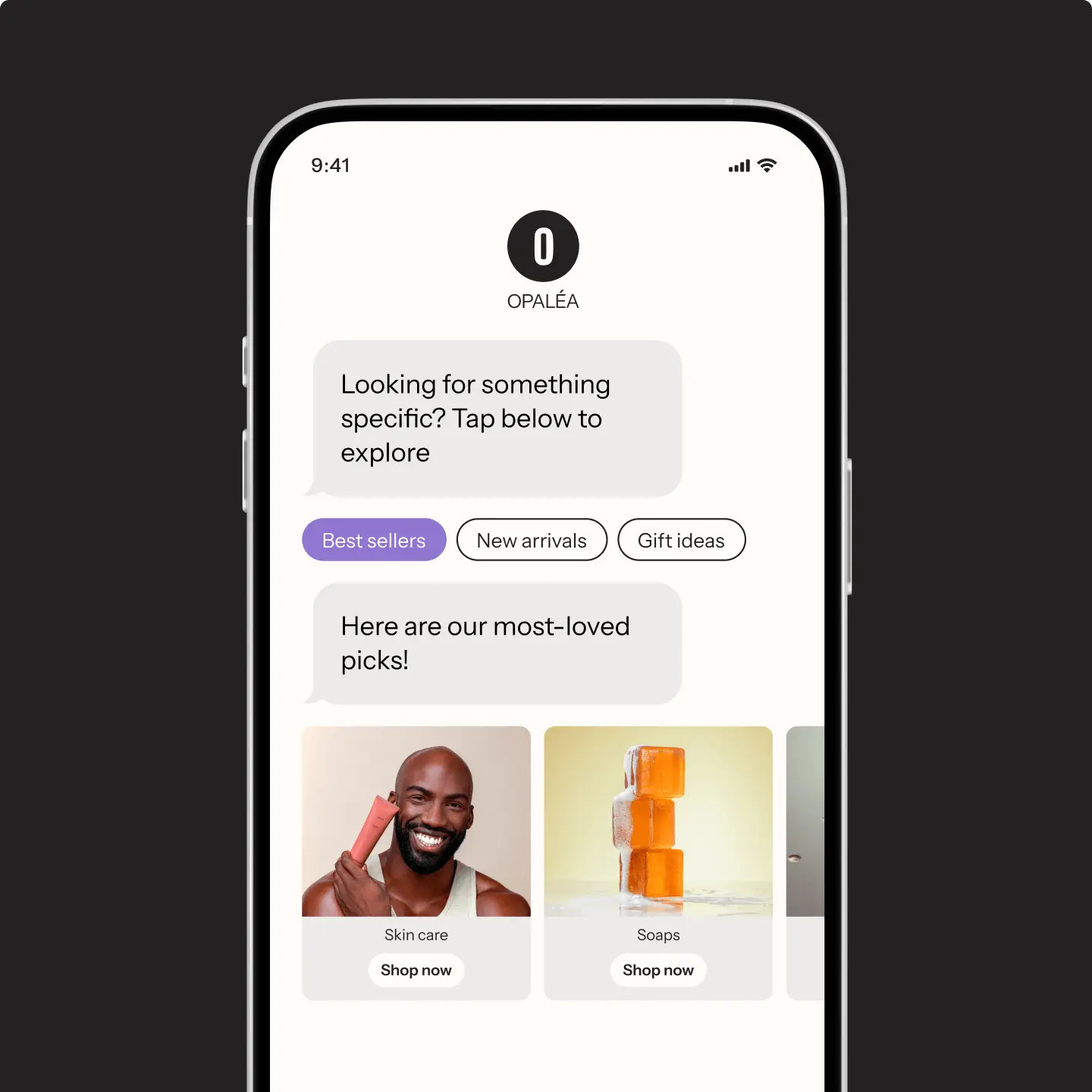 Smartphone screen displaying a shopping app with categories like "Best sellers" and "Gift ideas." Features skincare and soap products.