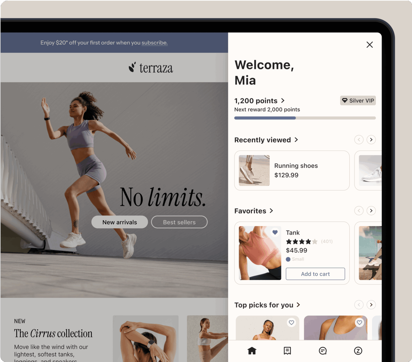 Woman running in athletic wear with "No limits" text. Sidebar shows a customer profile with points, recently viewed items, and favorites.