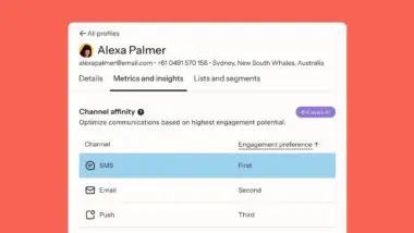 Profile interface showing channel affinity preferences for Alexa Palmer. SMS is first, Email second, Push third. Klaviyo AI is noted.