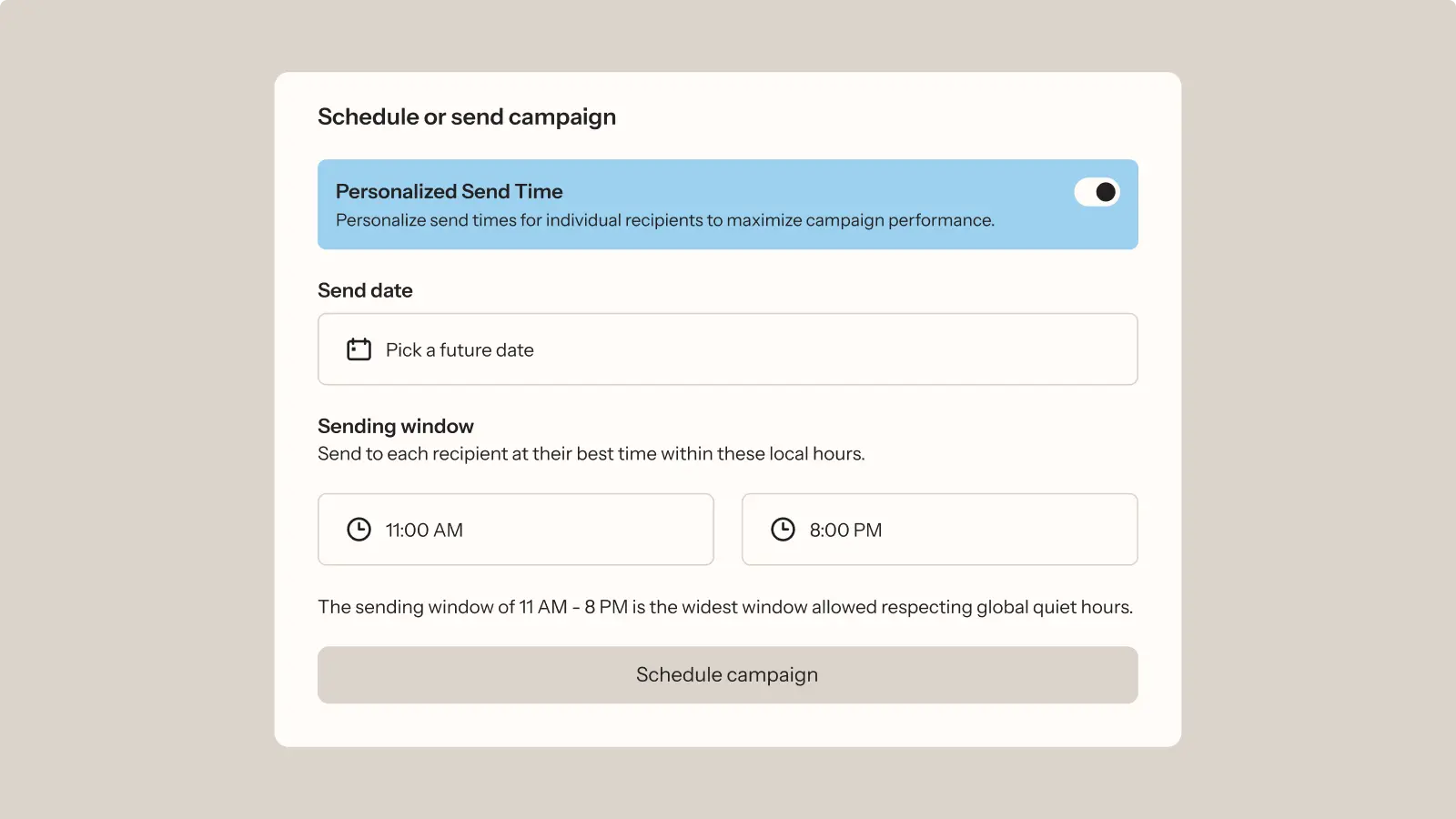 Campaign scheduling interface with options for personalized send time, future date selection, and sending window from 11 AM to 8 PM.