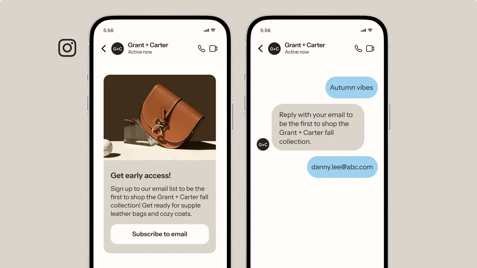 Two smartphone screens showing a Grant + Carter Instagram message. Left: a brown leather bag and a subscription prompt. Right: a chat about fall collection access.